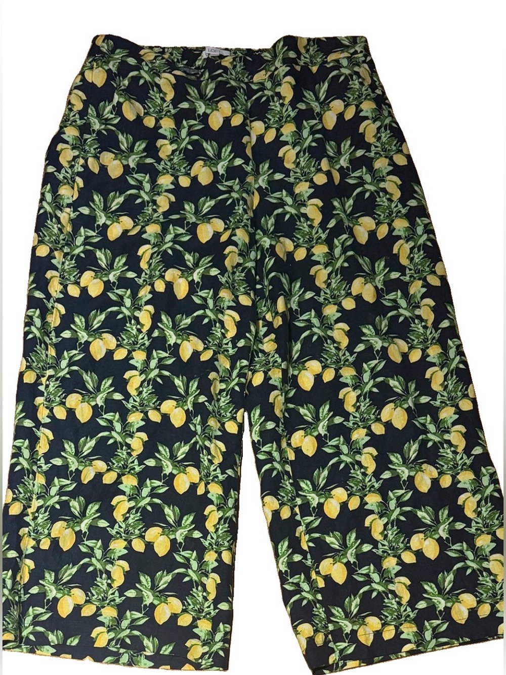 LOFT Wide Leg Pants Navy Blue Lemon Novelty Print Cropped Pull On Size Large